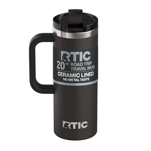 RTIC 20oz Road Trip Travel Mug with Lid and Handle, Ceramic Lined, Insulated, Stainless Steel, Metal, Double Wall Vacuum-Insulation, Portable Coffee, Tea Cup for Hot and Cold Drink, Black - Image 1