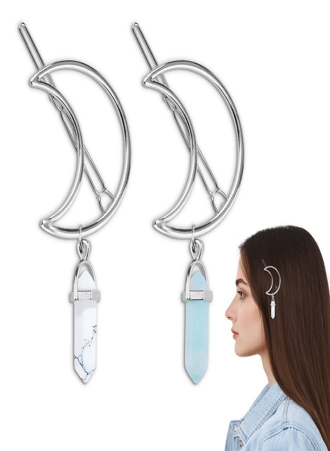 KETAR 2Pcs Silver Half Moon Jewelry Metal Hair Clips - Blue & White Rhinestone Hair Barrettes Women Decorative Hair Pins for Women Moon Charms- Moon Hair Clip Barrette Girls Hair Clips Cute Hair Accessories - Image 1