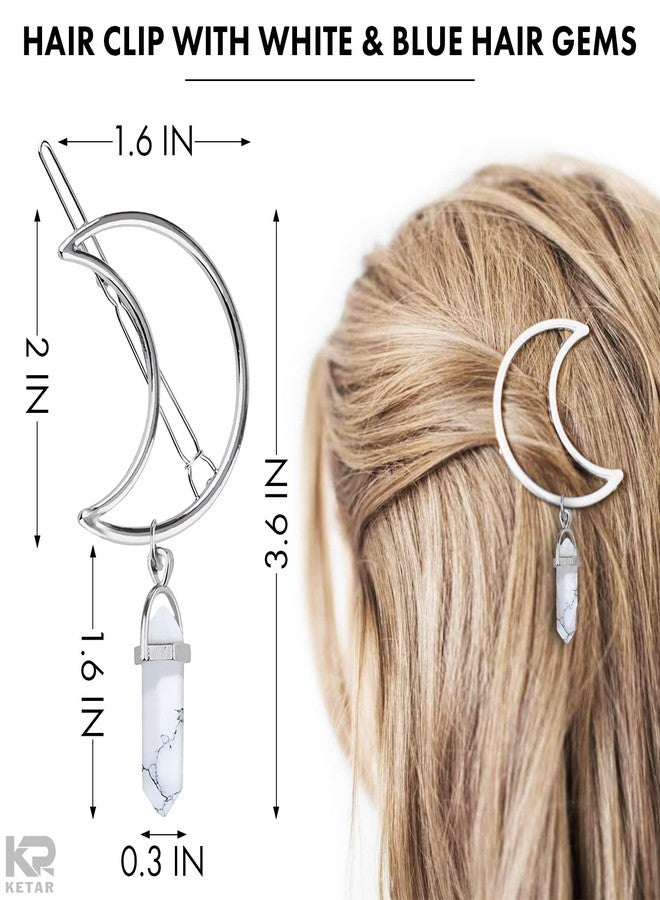 KETAR 2Pcs Silver Half Moon Jewelry Metal Hair Clips - Blue & White Rhinestone Hair Barrettes Women Decorative Hair Pins for Women Moon Charms- Moon Hair Clip Barrette Girls Hair Clips Cute Hair Accessories - Image 2