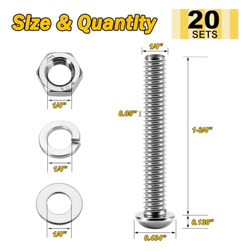MYWISH (20Sets) 1/4-20 Bolt x 1-3/4", Button Head Socket Cap Bolts Screws, 304 1/4 20 Stainless Steel Bolts and Nuts 18-8, Allen Screws, Nuts and Bolts Assortment Kit, Fully Threaded & Hex Spanner by Mywish - Image 2