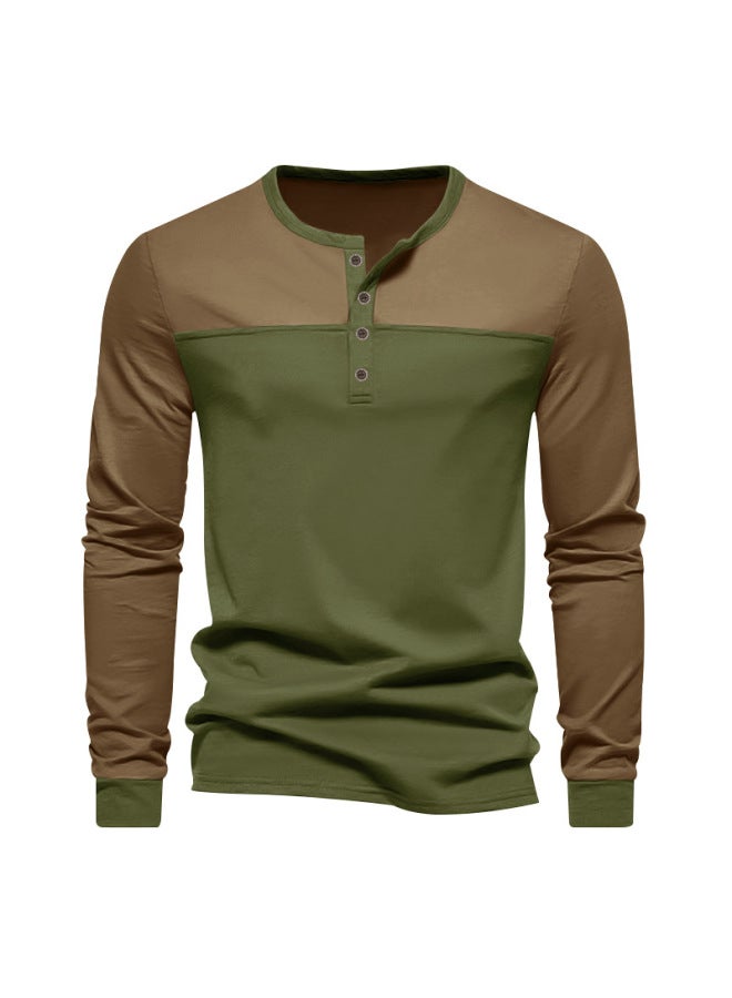 European And American Men's Autumn Henley Collar Color Block American Style Base Shirt Casual Oversized Long Sleeve T-shirt Men