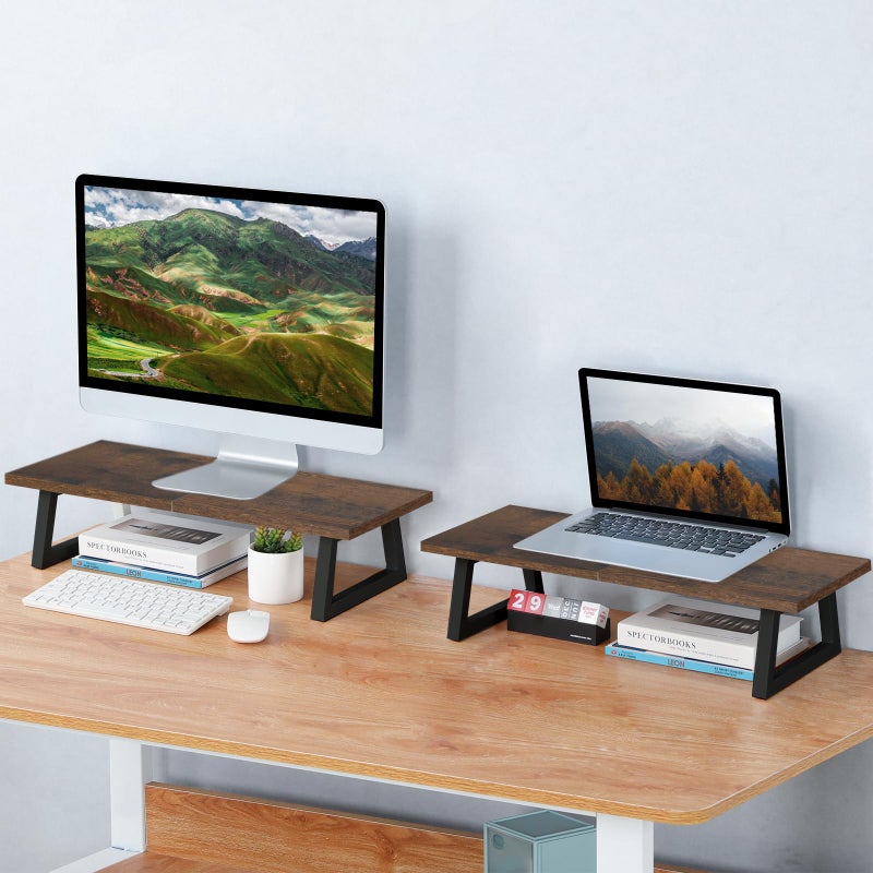 TEAMIX 24 inch Monitor Stand Riser, Rustic Brown Wood & Steel Computer Monitor Stand with Storage, Laptop, PC, Printer Stand Riser for Desktop Office Desk Organizers - Image 2