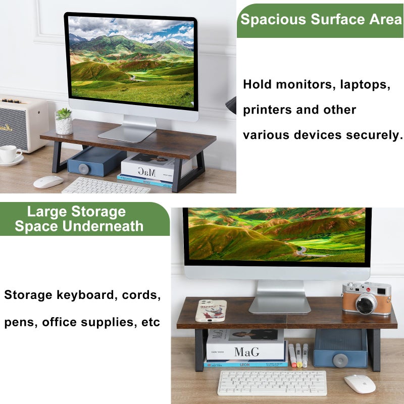 TEAMIX 24 inch Monitor Stand Riser, Rustic Brown Wood & Steel Computer Monitor Stand with Storage, Laptop, PC, Printer Stand Riser for Desktop Office Desk Organizers - Image 3