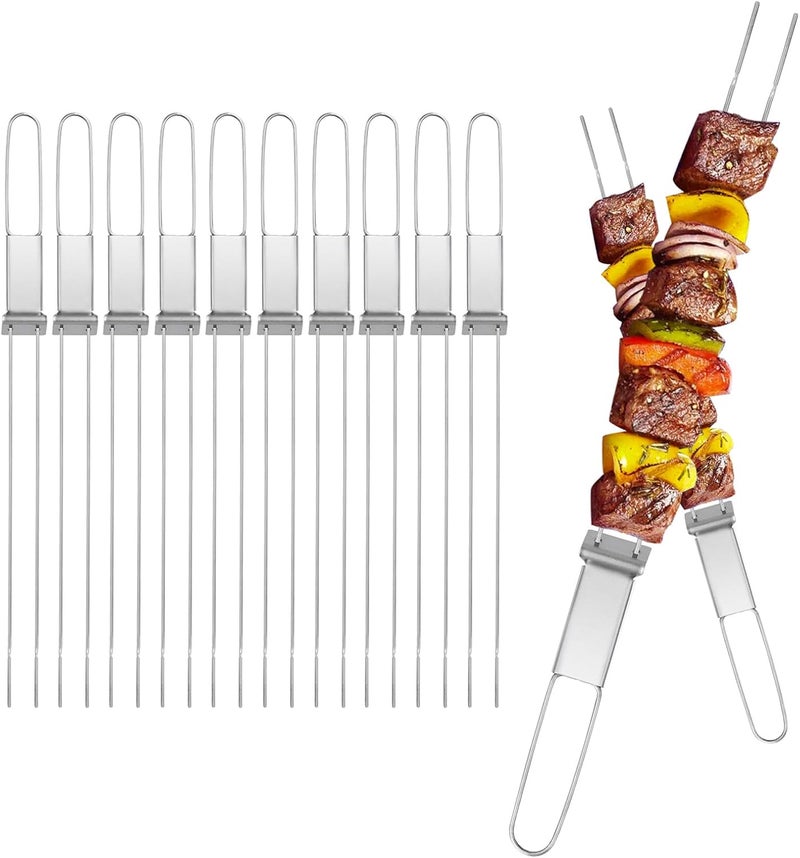 Lightique 13inch 10(packs) Double Fork Flat Stainless Steel BBQ Skewers with Push Bar, Reusable Skewers for Grilling for Meat, Vegetable, BBQ Accessories - Image 1