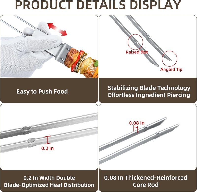 Lightique 13inch 10(packs) Double Fork Flat Stainless Steel BBQ Skewers with Push Bar, Reusable Skewers for Grilling for Meat, Vegetable, BBQ Accessories - Image 3