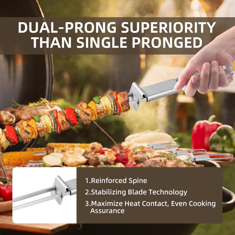 Lightique 13inch 10(packs) Double Fork Flat Stainless Steel BBQ Skewers with Push Bar, Reusable Skewers for Grilling for Meat, Vegetable, BBQ Accessories - Image 4