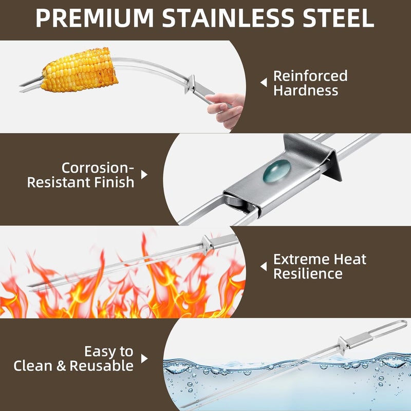 Lightique 13inch 10(packs) Double Fork Flat Stainless Steel BBQ Skewers with Push Bar, Reusable Skewers for Grilling for Meat, Vegetable, BBQ Accessories - Image 5