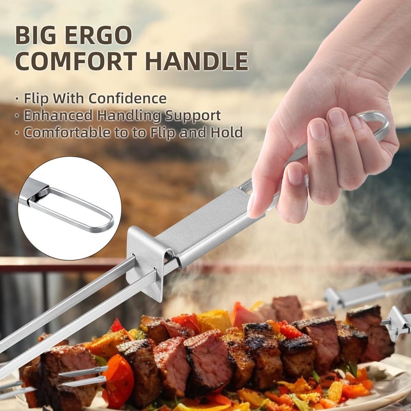 Lightique 13inch 10(packs) Double Fork Flat Stainless Steel BBQ Skewers with Push Bar, Reusable Skewers for Grilling for Meat, Vegetable, BBQ Accessories - Image 2