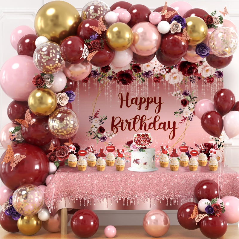Golray 167Pcs Happy Birthday Decorations for Women with Butterfly Sticker Cupcake Toppers, Burgundy Balloon Arch Kit Maroon Rose Gold Balloons Backdrop Tablecloth Floral Burgundy Birthday Party Supplies - Image 1