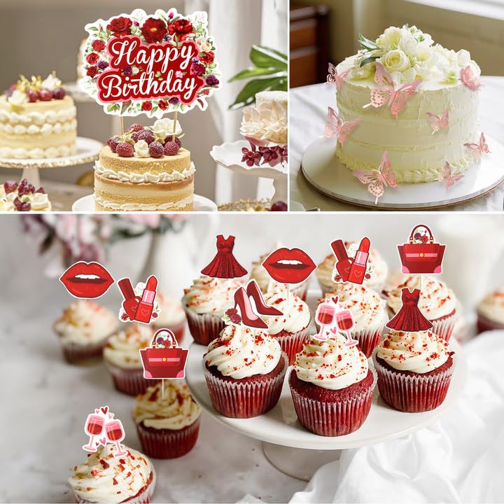 Golray 167Pcs Happy Birthday Decorations for Women with Butterfly Sticker Cupcake Toppers, Burgundy Balloon Arch Kit Maroon Rose Gold Balloons Backdrop Tablecloth Floral Burgundy Birthday Party Supplies - Image 5