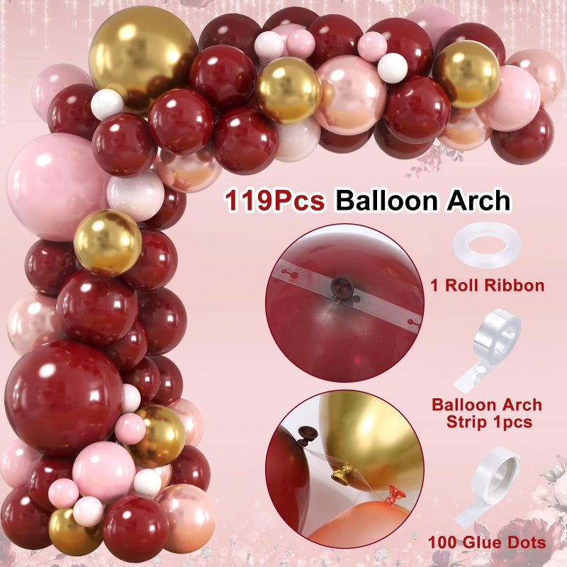 Golray 167Pcs Happy Birthday Decorations for Women with Butterfly Sticker Cupcake Toppers, Burgundy Balloon Arch Kit Maroon Rose Gold Balloons Backdrop Tablecloth Floral Burgundy Birthday Party Supplies - Image 3