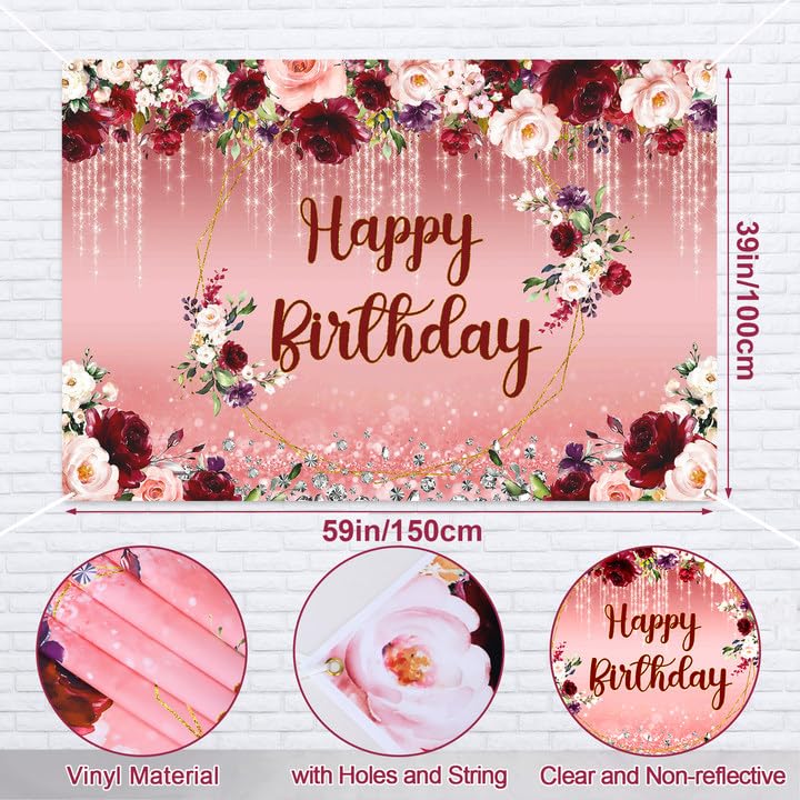 Golray 167Pcs Happy Birthday Decorations for Women with Butterfly Sticker Cupcake Toppers, Burgundy Balloon Arch Kit Maroon Rose Gold Balloons Backdrop Tablecloth Floral Burgundy Birthday Party Supplies - Image 4