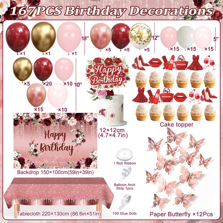 Golray 167Pcs Happy Birthday Decorations for Women with Butterfly Sticker Cupcake Toppers, Burgundy Balloon Arch Kit Maroon Rose Gold Balloons Backdrop Tablecloth Floral Burgundy Birthday Party Supplies - Image 2