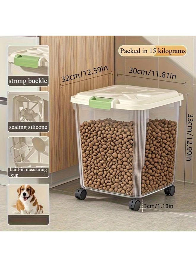 Sealed Pet Food Storage Container With Wheels And Spoon 15 Kg Capacity Transparent Rolling Box For Dog Cat Bird Food - Image 2