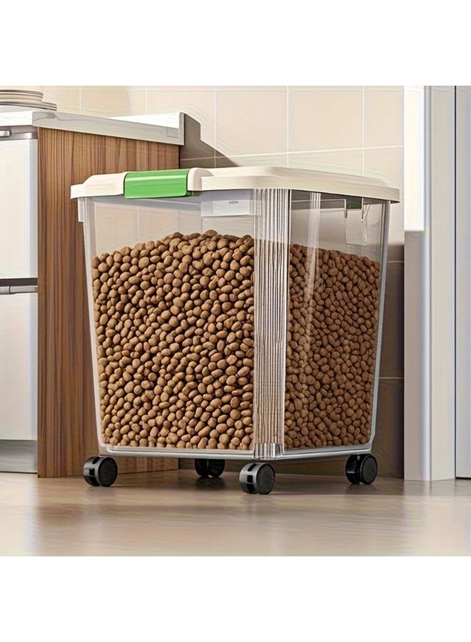 Sealed Pet Food Storage Container With Wheels And Spoon 15 Kg Capacity Transparent Rolling Box For Dog Cat Bird Food - Image 1