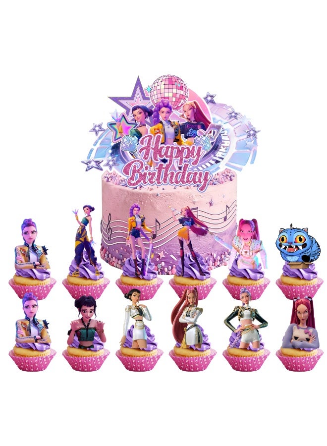 FRUITFUL PARTY 25pcs KPop Demon Hunters Cake Decorations HUNTR/X Cake Toppers Set - 1 Large Demon Hunter Cake Topper + 24 Mini Cupcake Toppers for KPop Demon Hunters Birthday Decorations Supplies - Image 1
