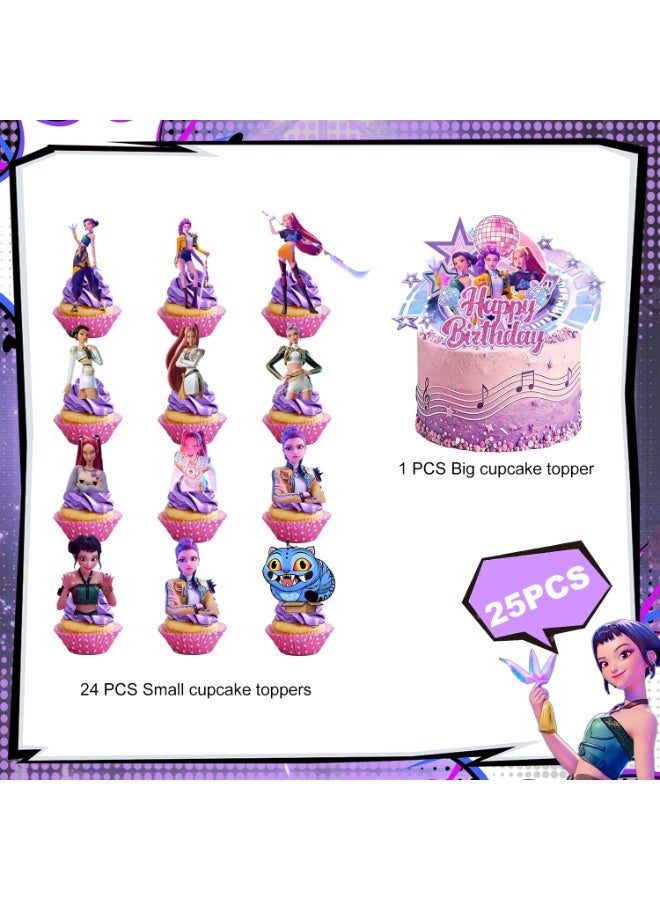 FRUITFUL PARTY 25pcs KPop Demon Hunters Cake Decorations HUNTR/X Cake Toppers Set - 1 Large Demon Hunter Cake Topper + 24 Mini Cupcake Toppers for KPop Demon Hunters Birthday Decorations Supplies - Image 2