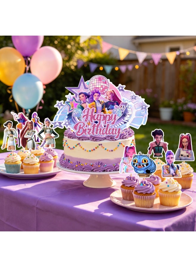 FRUITFUL PARTY 25pcs KPop Demon Hunters Cake Decorations HUNTR/X Cake Toppers Set - 1 Large Demon Hunter Cake Topper + 24 Mini Cupcake Toppers for KPop Demon Hunters Birthday Decorations Supplies - Image 4