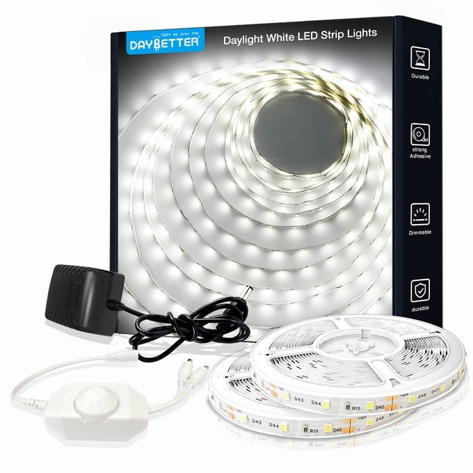 WHITE LED STRIP LIGHT 40 FT DIMMABLE BRIGHT ROPE LIGHTING 6500K 24V STRIPS 720 LEDS 2835 TAPE LIGHTS FOR BEDROOM KITCHEN MIRROR HOME DECORATION2 ROLLS OF 20 FT
