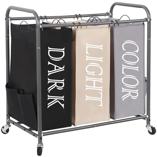 STORAGE MANIAC 3 Section Laundry Sorter 359 Gal 136 L Laundry Hamper Cart with Heavy Duty Rolling Lockable Wheel and Removable Bag Clothes Organizer Basket Clothes Separator Hamper Multicolored - Image 1