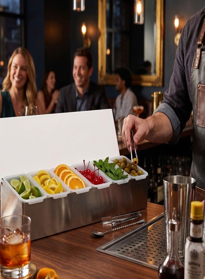 TrueCraftware- 6 Compartment Condiment Dispenser Garnish Tray Bar Caddy Stainless Steel Body with Acrylic Hinged White Color Lid- Condiment Server Caddy Bar Garnish Holder Bar - Image 2