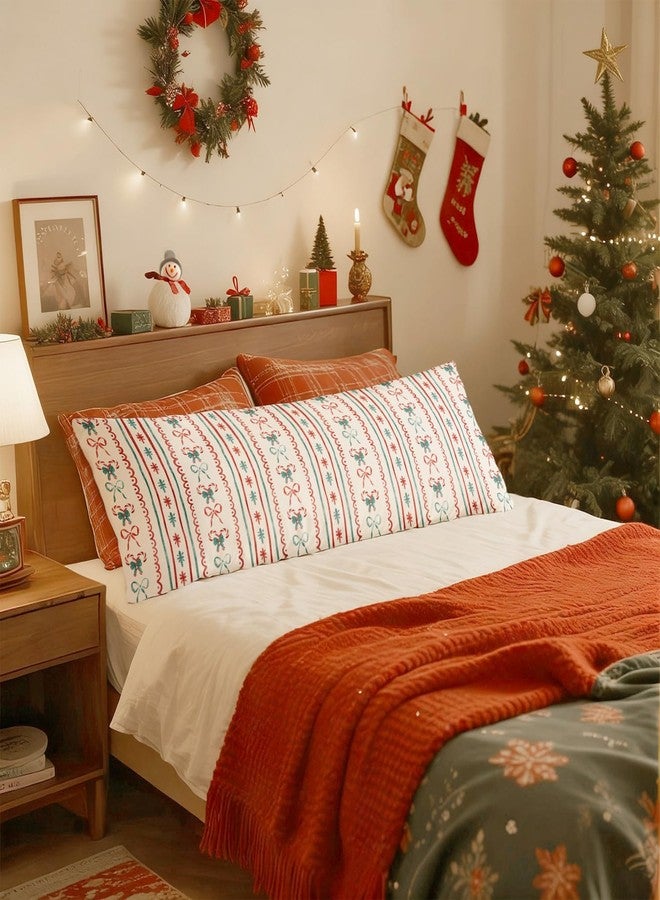 PIUD Coquette Red and Green Christmas Bow 20x54 Body Pillow Cover, Preppy Christmas Home Decor, Girly Xmas Candy Cane Bow Decorative Long Body Pillow Cases for Bed Couch - Image 3
