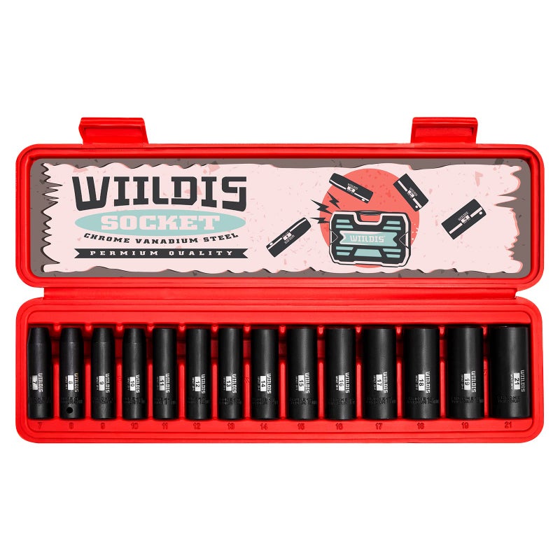 WIILDIS 14 Pieces 38Inch Drive Deep Impact Socket Set 7mm to 21mm CRV Metric 6Point 14 Pieces 38 Dr Socket - Image 2