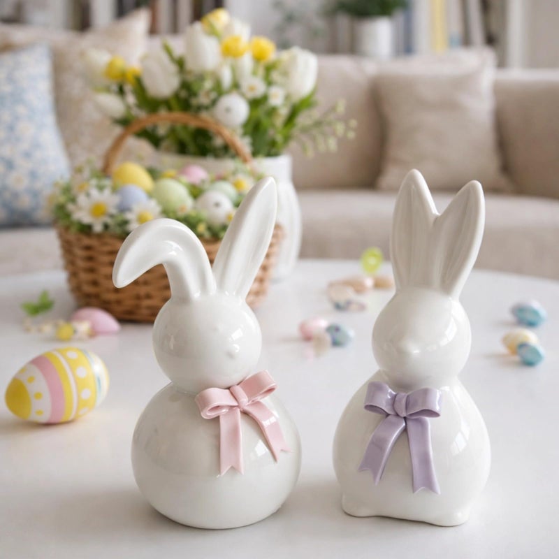 White Ceramic Bunny Figurine With Bowtie Easter Home Decor Tabletop Statue - Image 3