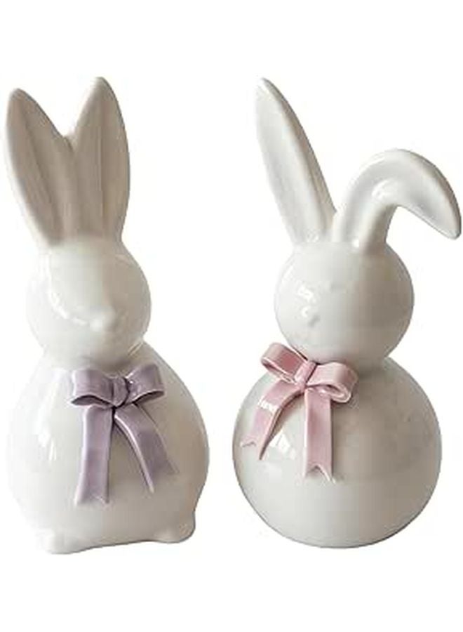 White Ceramic Bunny Figurine With Bowtie Easter Home Decor Tabletop Statue - Image 1