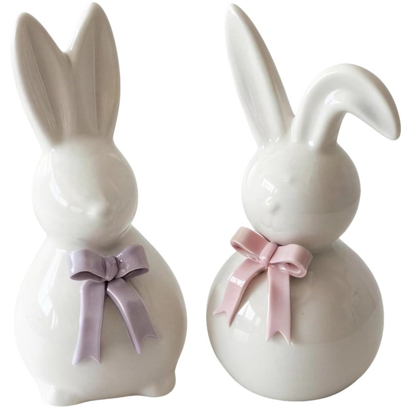 White Ceramic Bunny Figurine With Bowtie Easter Home Decor Tabletop Statue - Image 2