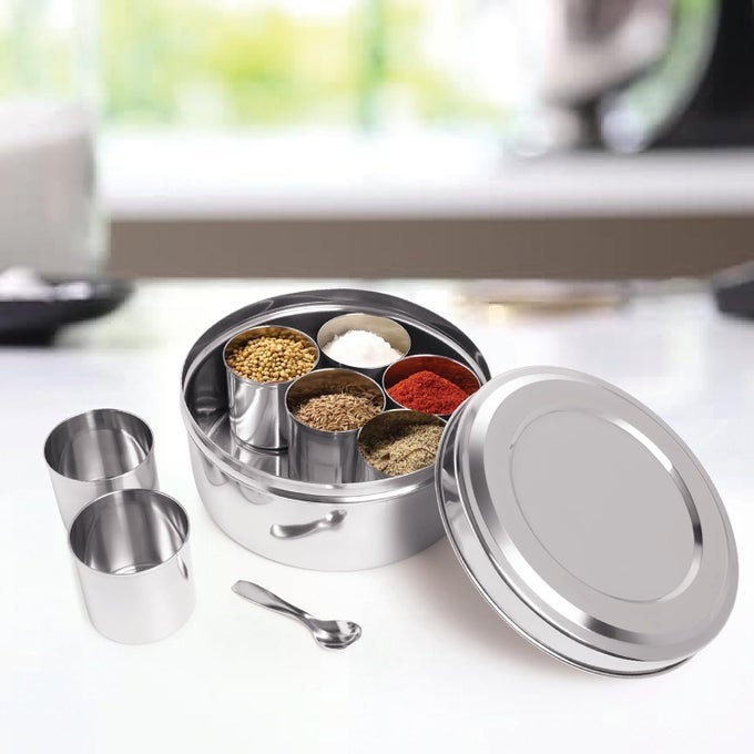 PREMIUM 7 IN 1 STAINLESS STEEL ROUND SHAPE BIG MASALA (SPICE) BOX | MASALA DANI WITH SEE THROUGH LID 7 CONTAINERS AND SPOONS | MASALA DABBA FOR KITCHEN (SILVER- ROUND 7IN1)
