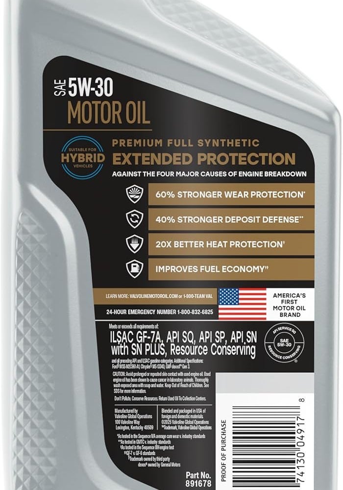 Valvoline زيت محرك فالولين الاصطناعي الكامل لحماية ممتدة SAE 5W30 1 QT علبة من 6 - Image 3