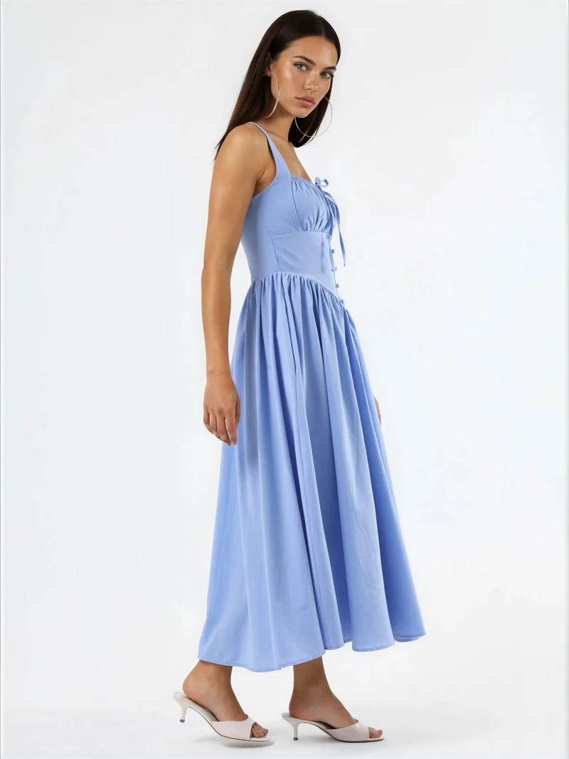 بوسيم BUSEM Midi Dress with Square Collar and Button Detail