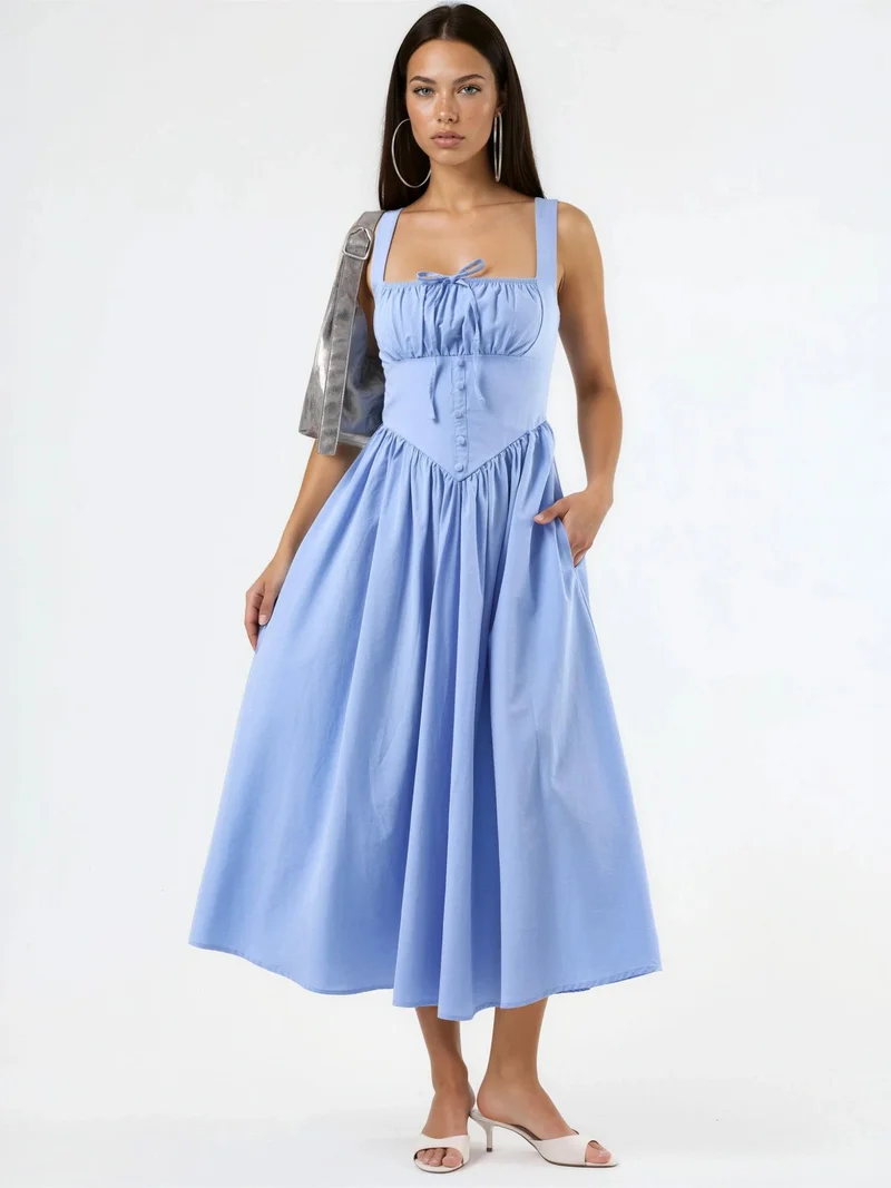 بوسيم BUSEM Midi Dress with Square Collar and Button Detail