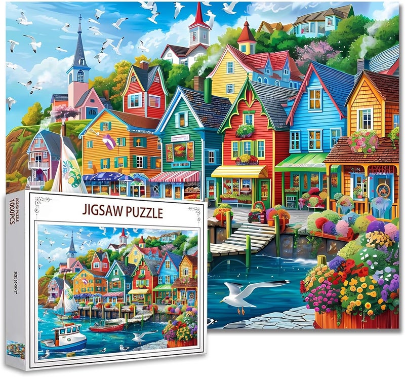 Tucocoo Jigsaw Puzzles 1000 Pieces for AdultsColorful Seaside Town Hardboard PuzzleChallenging Puzzle Perfect for Game NightsDIY Home Wall DecorArt Puzzles Colorful Coastal Town 27 x 20 - Image 1