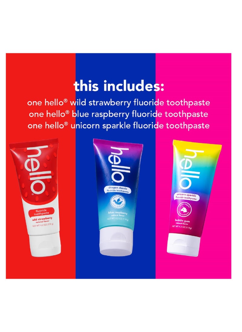 hello Variety (Unicorn, Strawberry, Dragon) Fluoride Kids Toothpaste, Anticavity, Natural Flavors, Vegan, SLS Free, Gluten Free, Ages 2+, 4.2 Ounce (Pack of 3) - pzsku/Z30660D6A6133B0A9B3D4Z/45/_/1716220705/1fd9ba08-b5ce-4b10-b090-15df9273071e