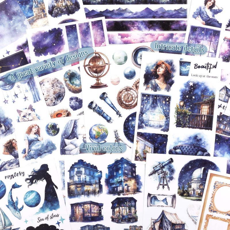 Dizdkizd Pre-Cut Galaxy Sticker for Journaling, PET Washi Paper Collage Book, 20 Sheets Star Space Fantasy Planner Decals Scrapbook Junk Journal Supplies - Image 3