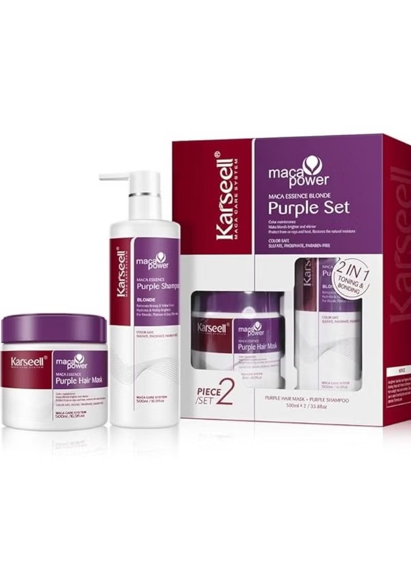 Karseell Maca Essence Purple Hair Mask Purple Shampoo Set, Neutralizes Yellow Shade, Repair Hair Damage for Blonde, Blonded, Grey Hair, 2 x 500ml - Image 1