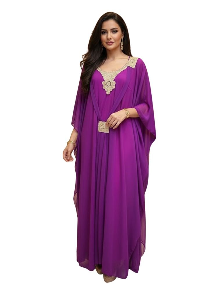 Premium Elegant Purple Kaftan with Golden Embellishments – Flowy Chiffon Formal Gown for Women - Image 1