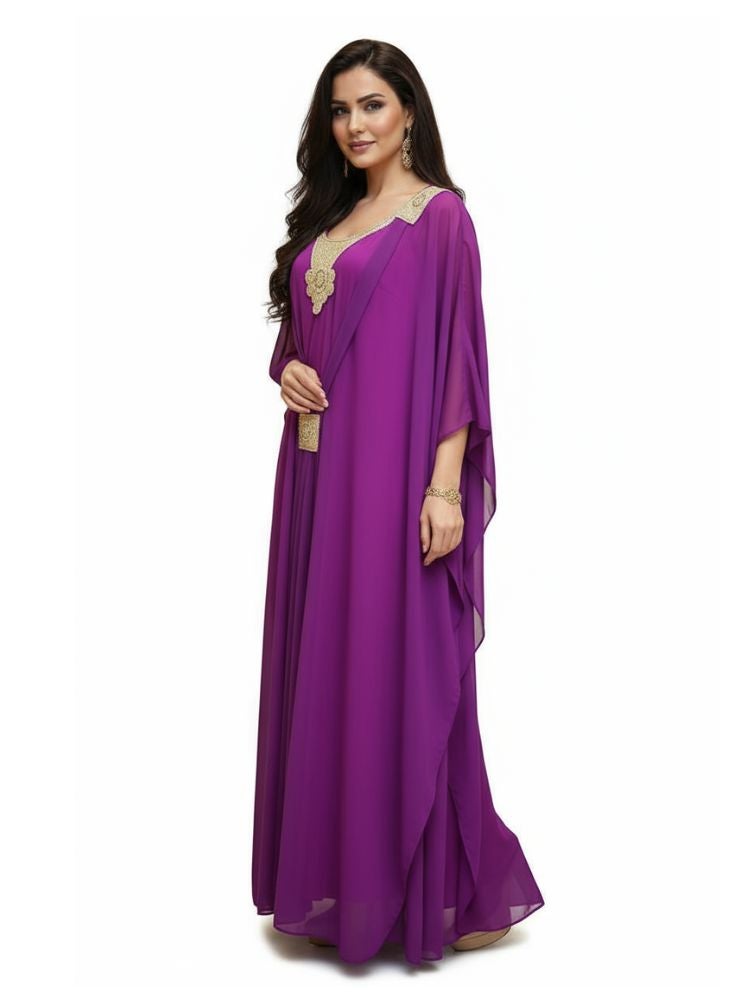 Premium Elegant Purple Kaftan with Golden Embellishments – Flowy Chiffon Formal Gown for Women - Image 2