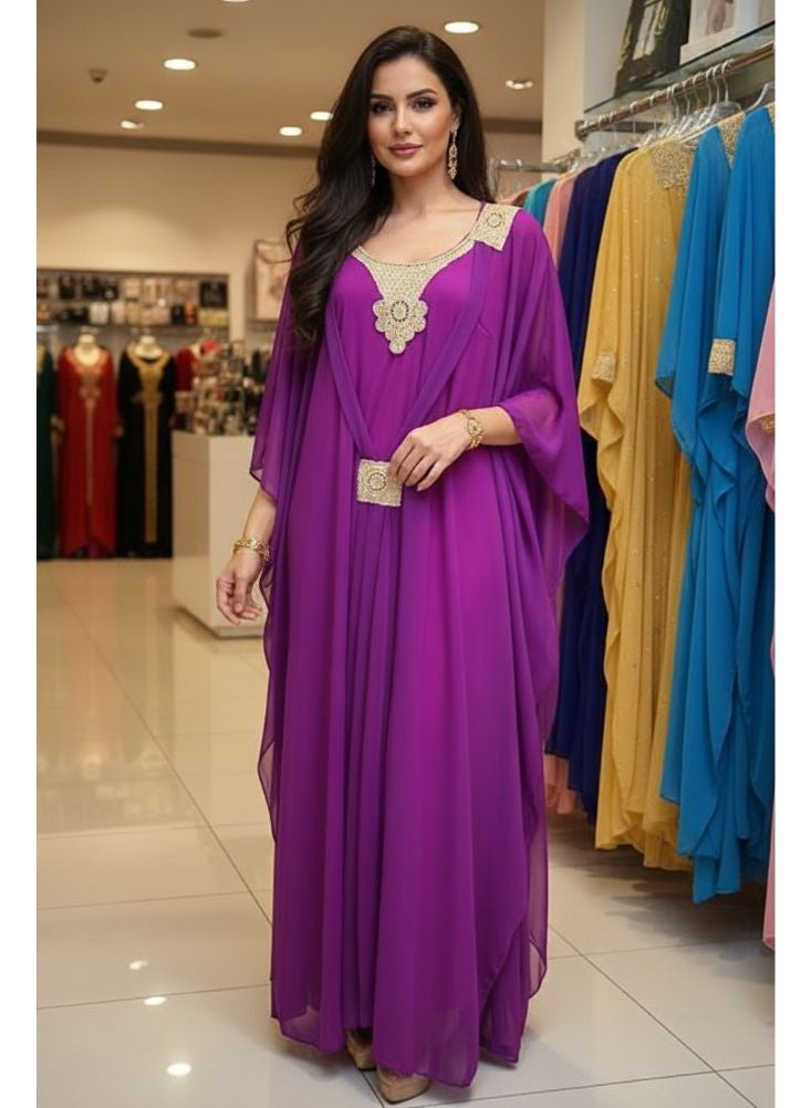 Premium Elegant Purple Kaftan with Golden Embellishments – Flowy Chiffon Formal Gown for Women - Image 3