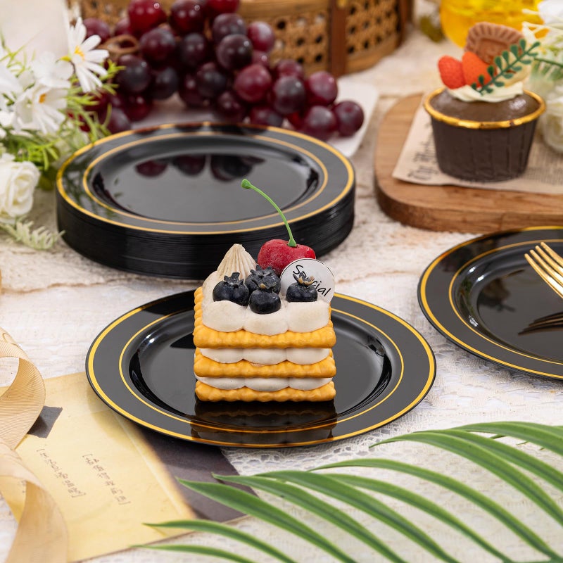 bUCLA 100PCS Black and Gold Plastic Plates - 6.25 inch Black Gold Premium Hard Plastic Disposable Dessert/Salad/Appetizer/Small Cake Plates for Party - Image 4