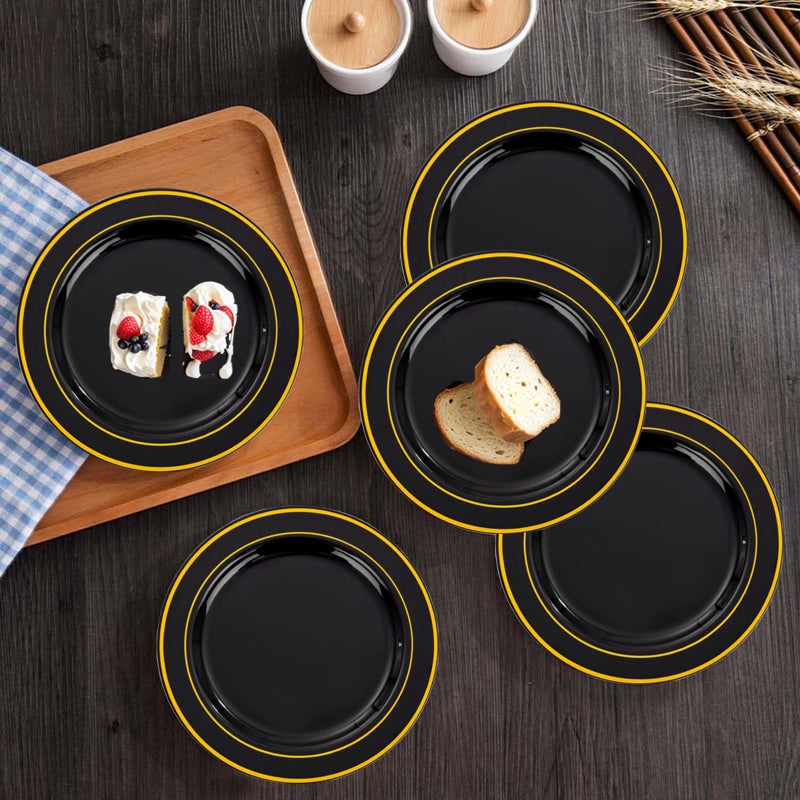 bUCLA 100PCS Black and Gold Plastic Plates - 6.25 inch Black Gold Premium Hard Plastic Disposable Dessert/Salad/Appetizer/Small Cake Plates for Party - Image 2