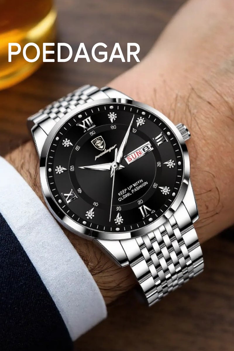 پوداجار ساعة رجالية من الفولاذ المقاوم للصدأ، ساعات كوارتز للأعمال مقاومة للماء، مضيئة، تاريخ الأسبوع، ساعة يد رجالية - 42 ملم - Image 1