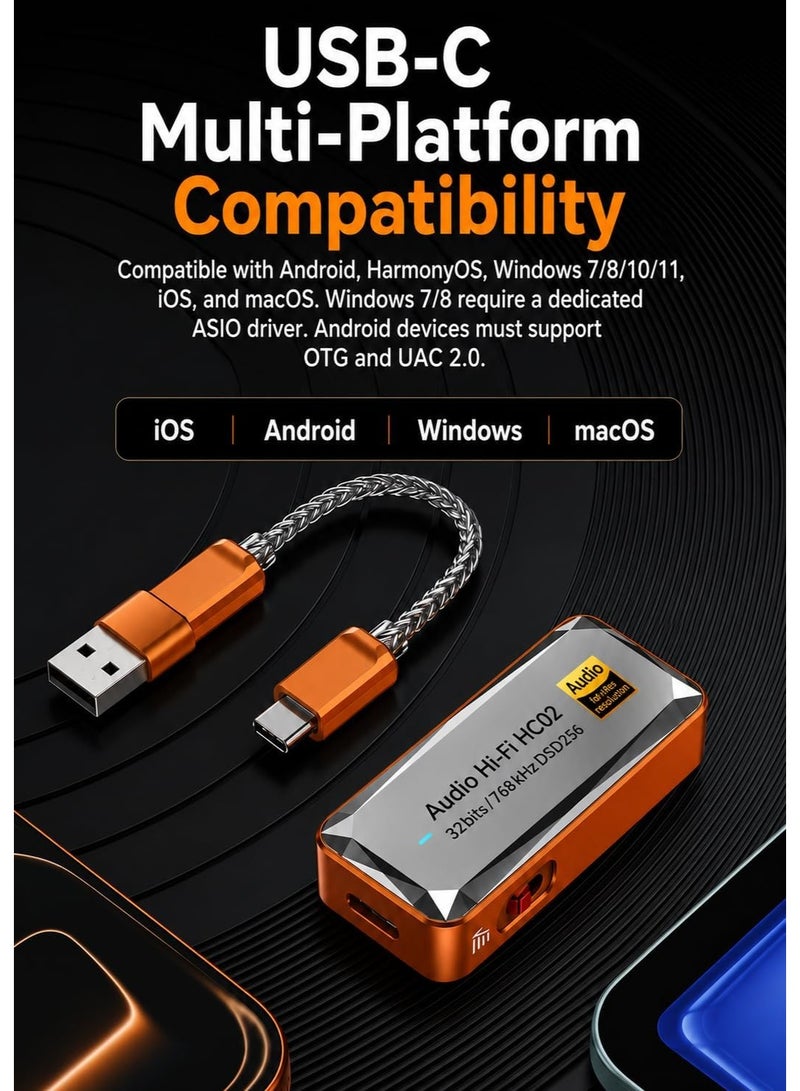 Sarafox USB-C HiFi DAC & Headphone Amplifier (Dongle) featuring the CS43198 chip, 3.5mm and 4.4mm outputs, and support for DSD256 and 32-bit/768kHz resolution; compatible with IEMs, wired headphones, laptops, and desktop computers. - Image 4