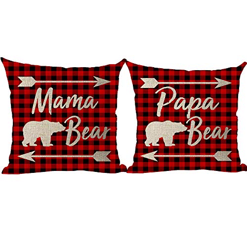 Ramirar Set of 2 Merry Christmas Fathers Mothers Day Papa Mama Bear Arrow Claret Wine Red Plaid Throw Pillow Cover Case Home Living Room Bed Sofa Car Cotton Linen Square 18 x 18 Inches