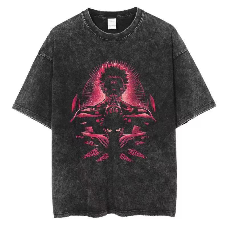 Washed Animation Summer War Five T-Shirt Cotton Retro T Spell Street Hip Hop Enlightenment Leisure - Image 1