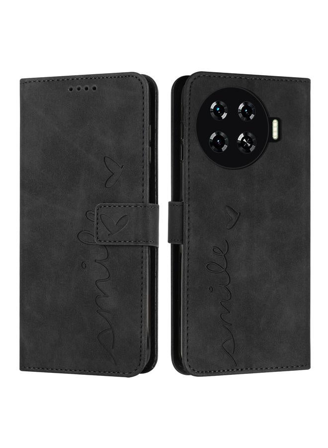 Green Tiger For Tecno Spark 20 Pro+ Skin Feel Heart Embossed Leather Phone Case with Long Lanyard(Black)