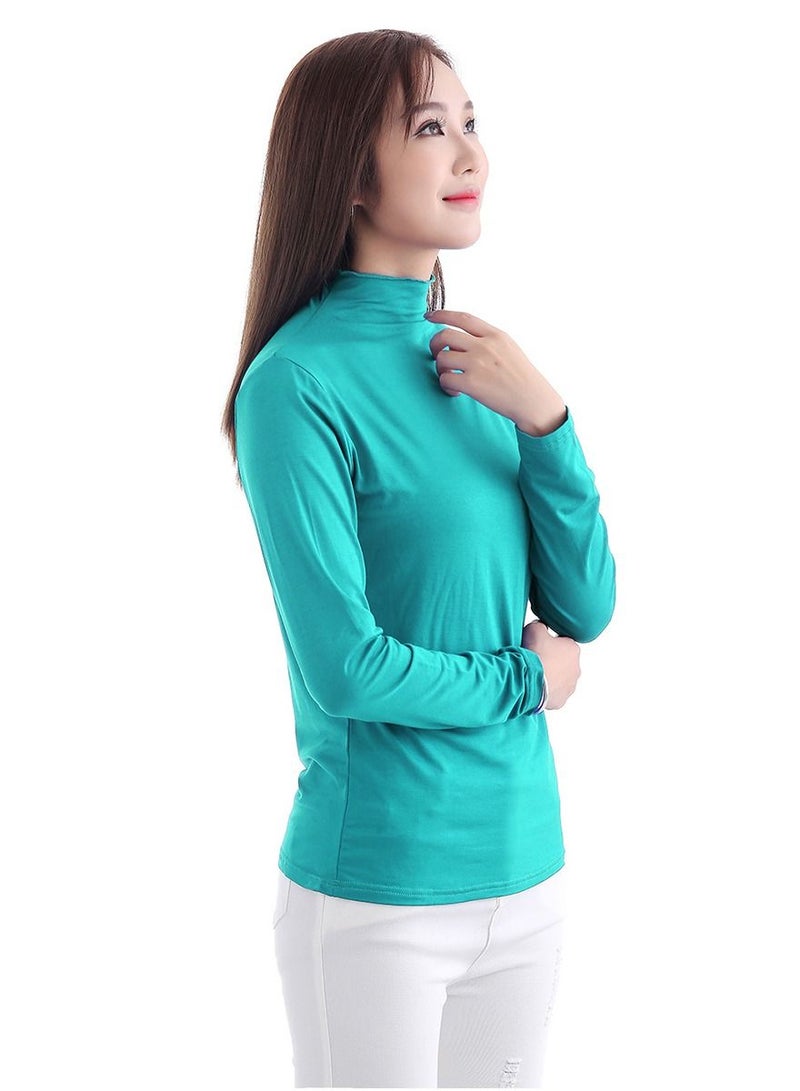Loquat Lady's Solid Color Long Sleeve Turtle Neck Udershirt Base Layer Shirt Peacock Blue 