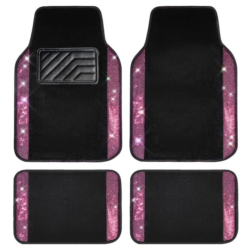 CAR PASS Bling Diamond Car Floor Mat Shining Rhinestones Carpet, Sparkly Glitter Crystal Anti-Slip PVC Heel Pad Automotive Universal Fit for SUV Sedan Car Van, 4pcs for Girl Cute Women, Black Pink - Image 1